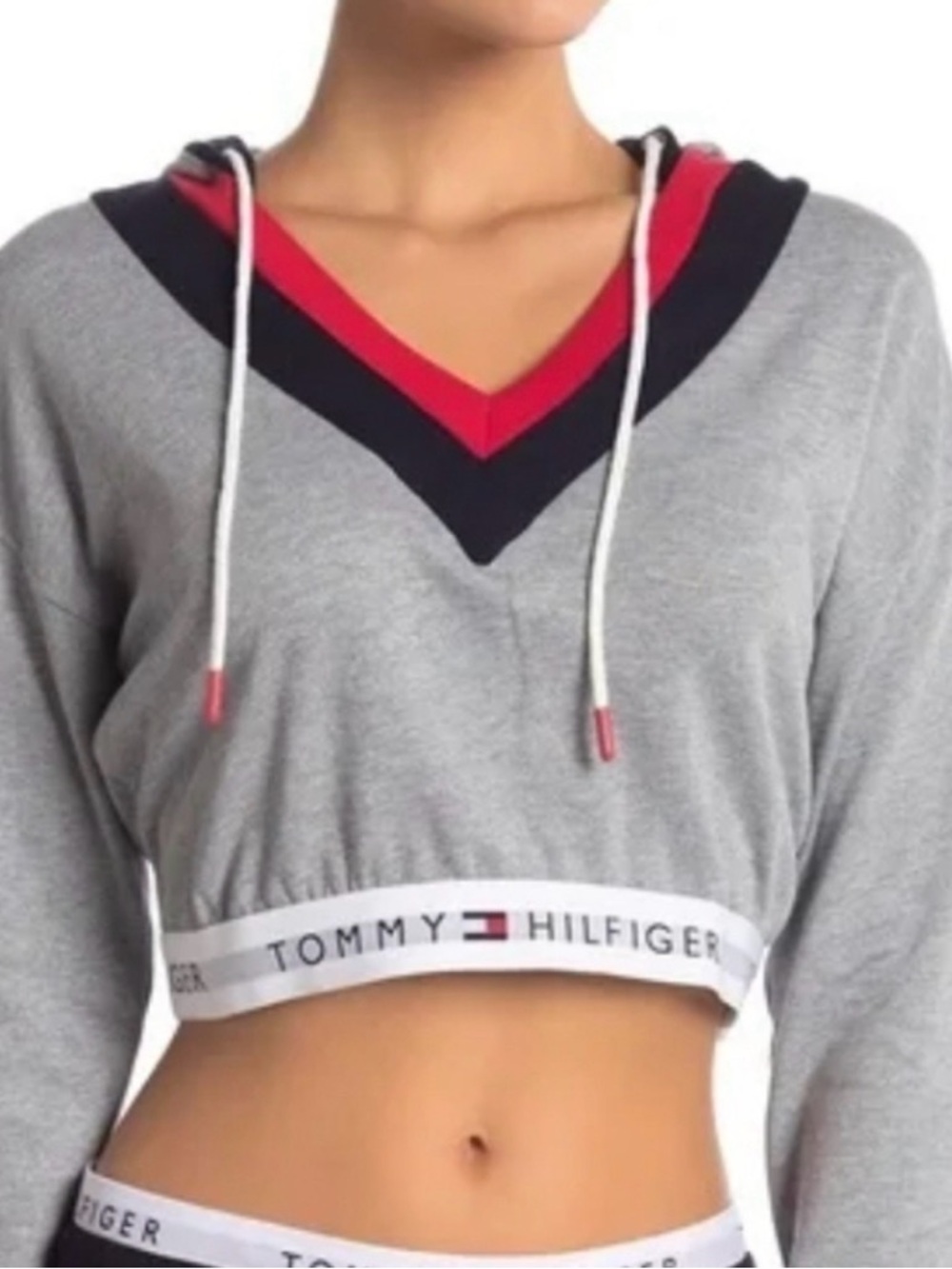Tommy Hilfiger Logo Gray
Cropped Hoodie Sweatshirt V-Neck Small Urban Outfitters